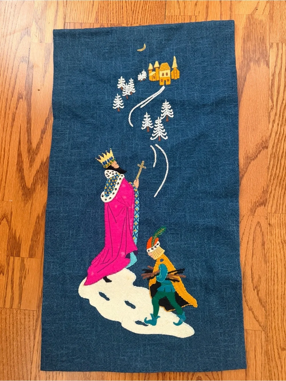 Embroidered Royal Procession Wall Hanging in Deep Blue and Pink